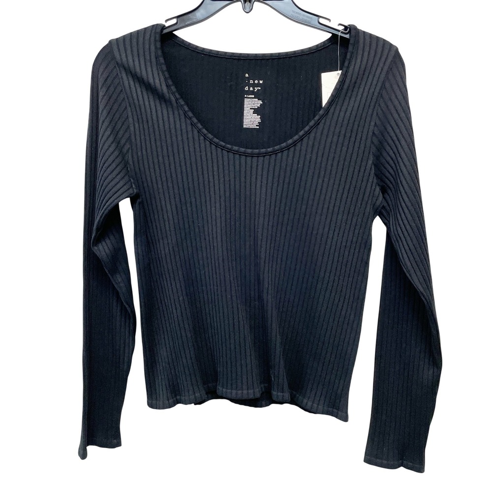 A New Day Women's Black Ribbed Scoop Neck Long Sleeve Top Size XL
